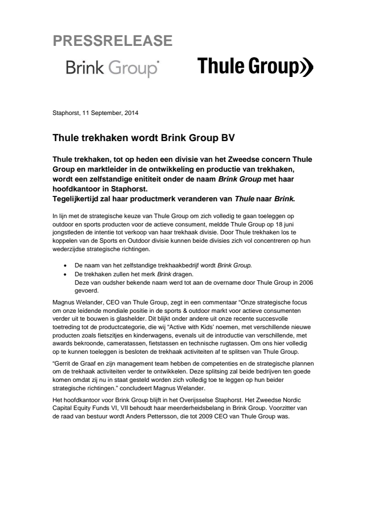 Thule trekhaken wordt Brink Group BV