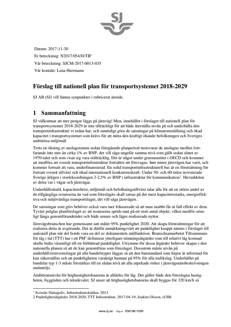 SJs remissvar - Förslag till nationell plan för transportsystemet 2018-2029 