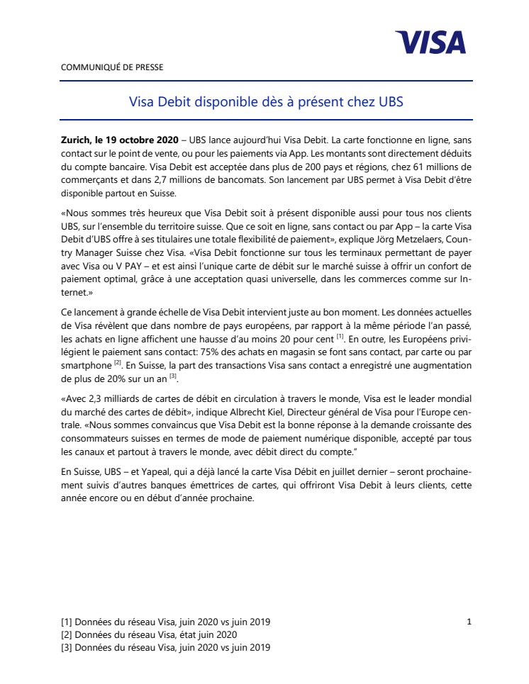 Visa Debit disponible dès à présent chez UBS