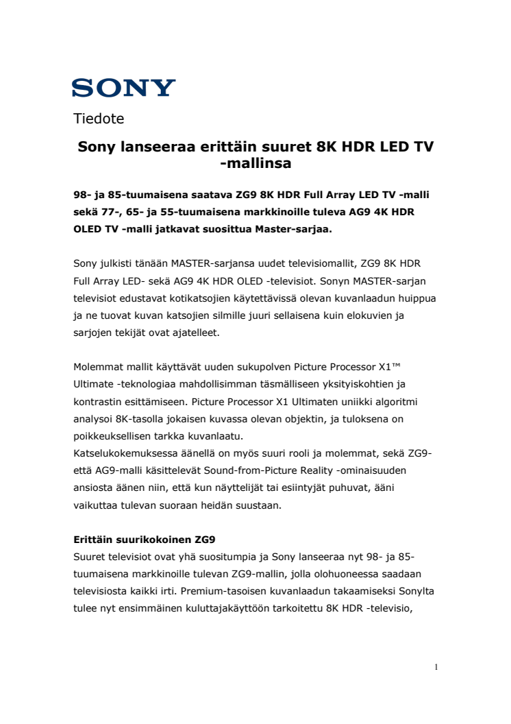 Sony lanseeraa erittäin suuret 8K HDR LED TV -mallinsa 