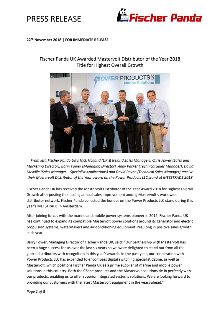 Fischer Panda UK Awarded Mastervolt Distributor of the Year 2018 Title for Highest Overall Growth