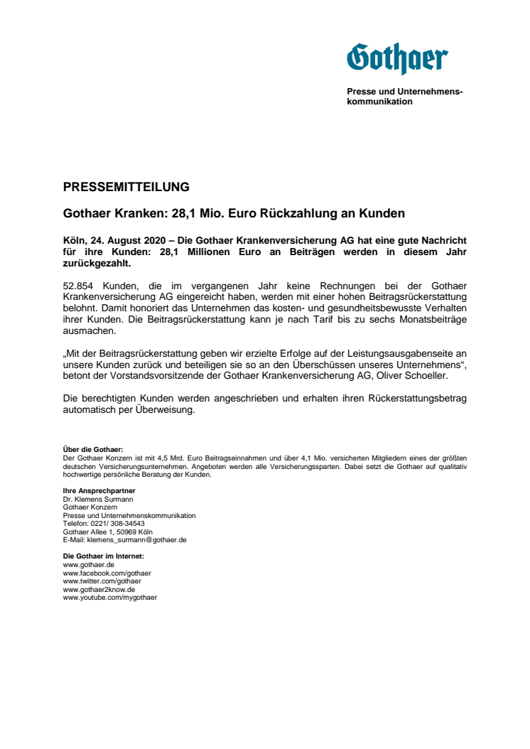 Gothaer Kranken: 28,1 Mio. Euro Rückzahlung an Kunden 