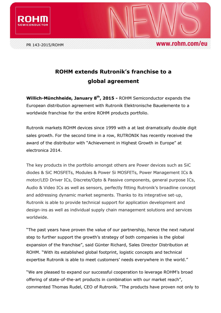 ROHM extends Rutronik’s franchise to a global agreement