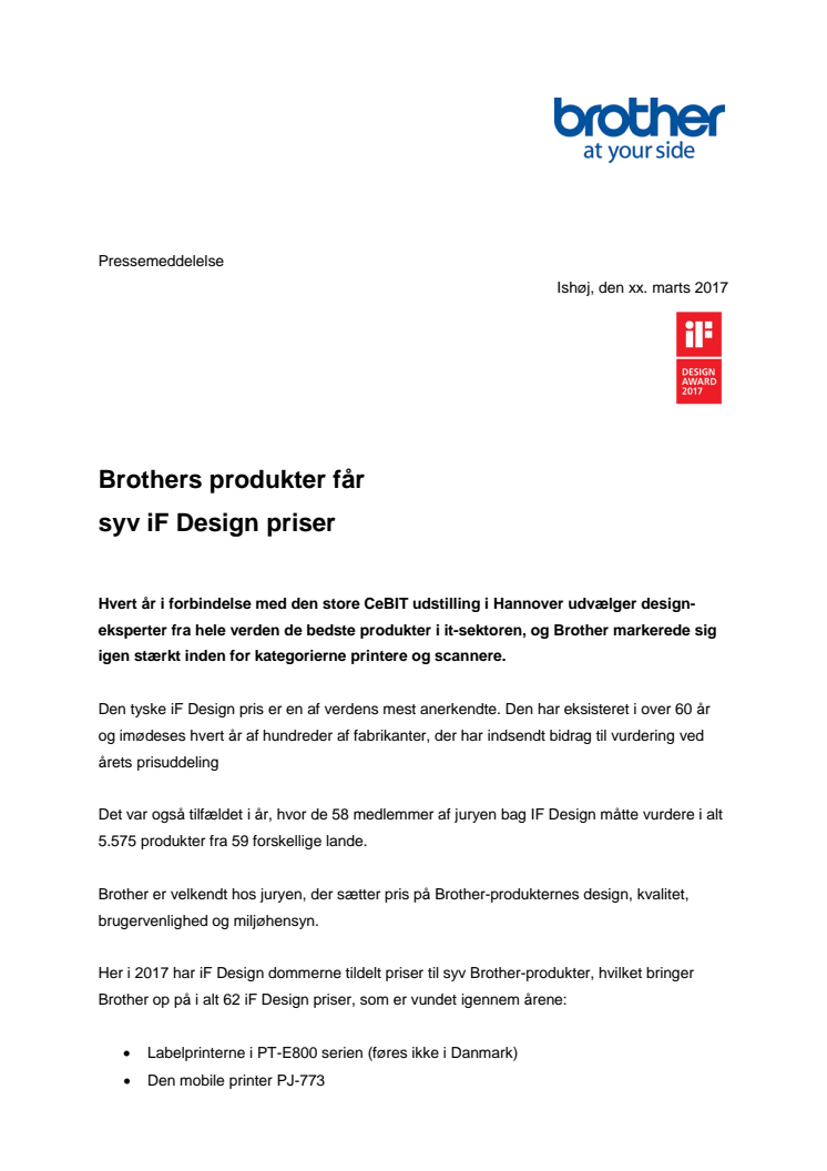 Brothers produkter fik syv iF Design priser