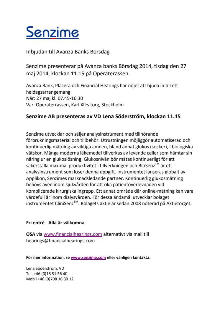 Senzime presenterar på Avanza banks Börsdag 2014