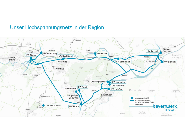 Die Hochspannungsleitungen der Bayernwerk Netz in der Region des Bayerischen Chemiedreiecks