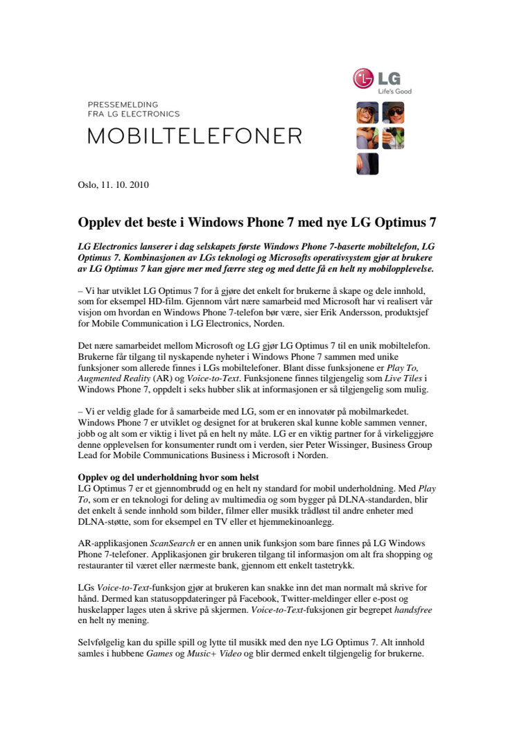 Opplev det beste i Windows Phone 7 med nye LG Optimus 7