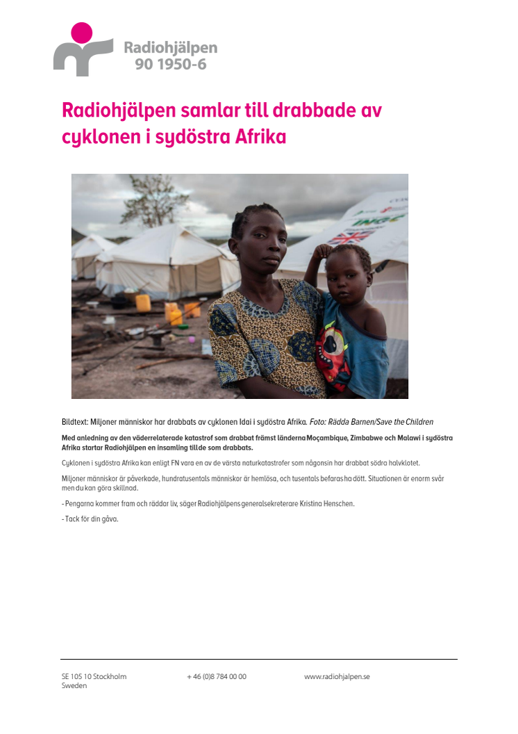 Radiohjälpen anordnar insamling för drabbade av cyklonen i sydöstra Afrika