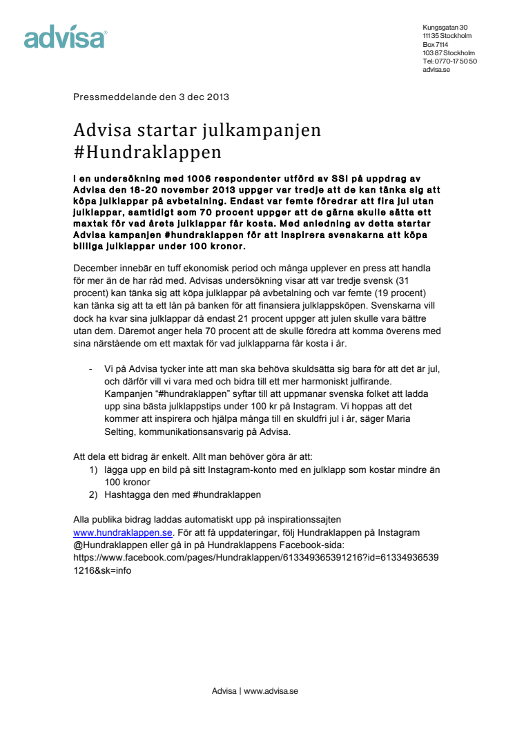 Advisa startar julkampanjen #Hundraklappen