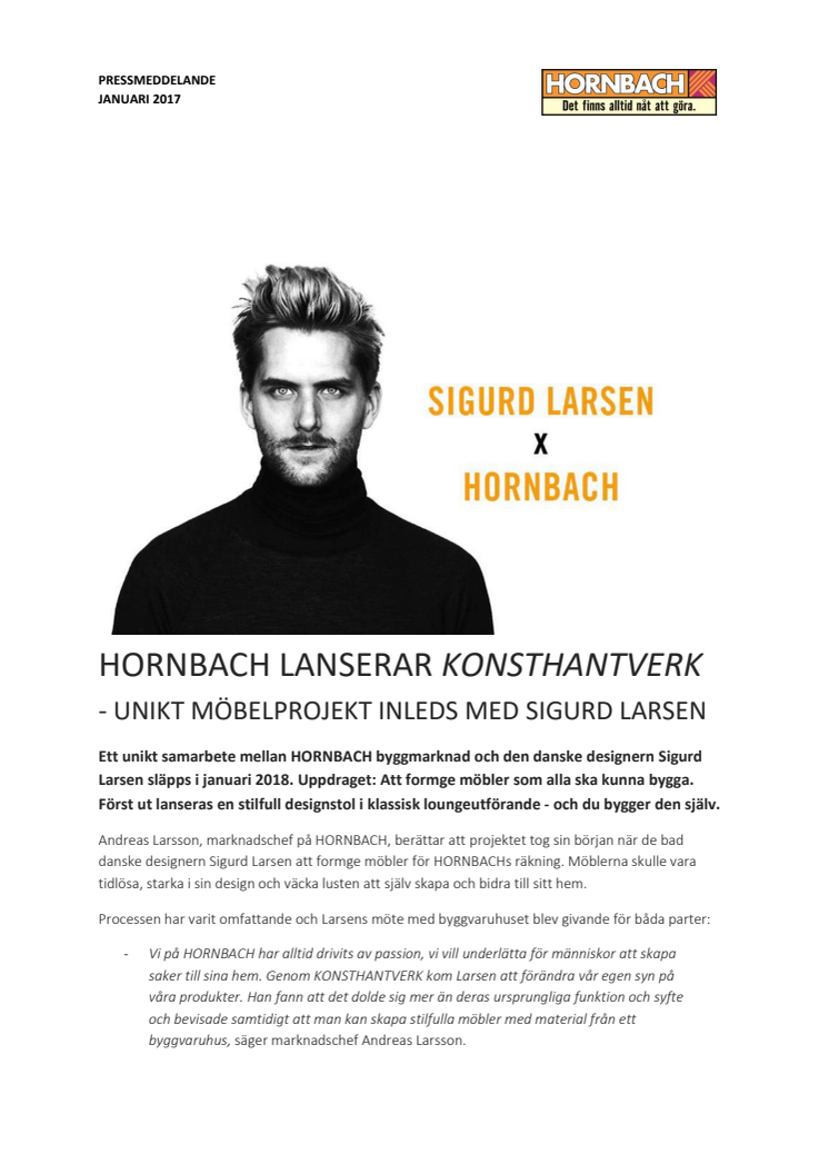 HORNBACH lanserar KONSTHANTVERK – Unikt möbelprojekt inleds med Sigurd Larsen