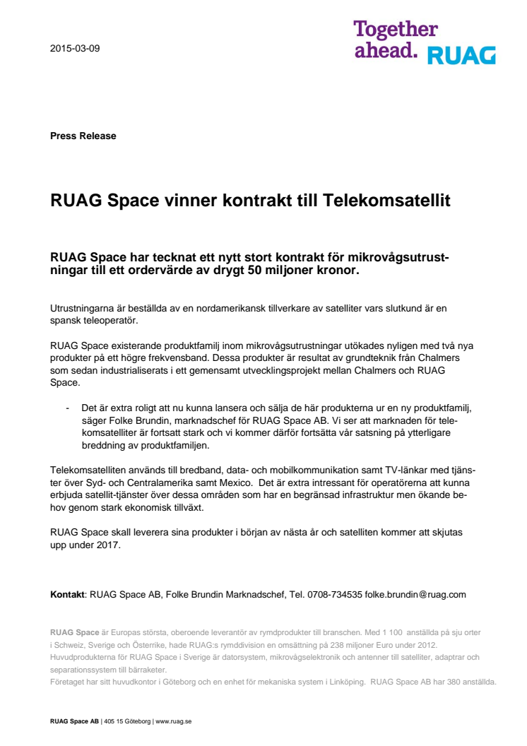RUAG Space vinner kontrakt till Telekomsatellit