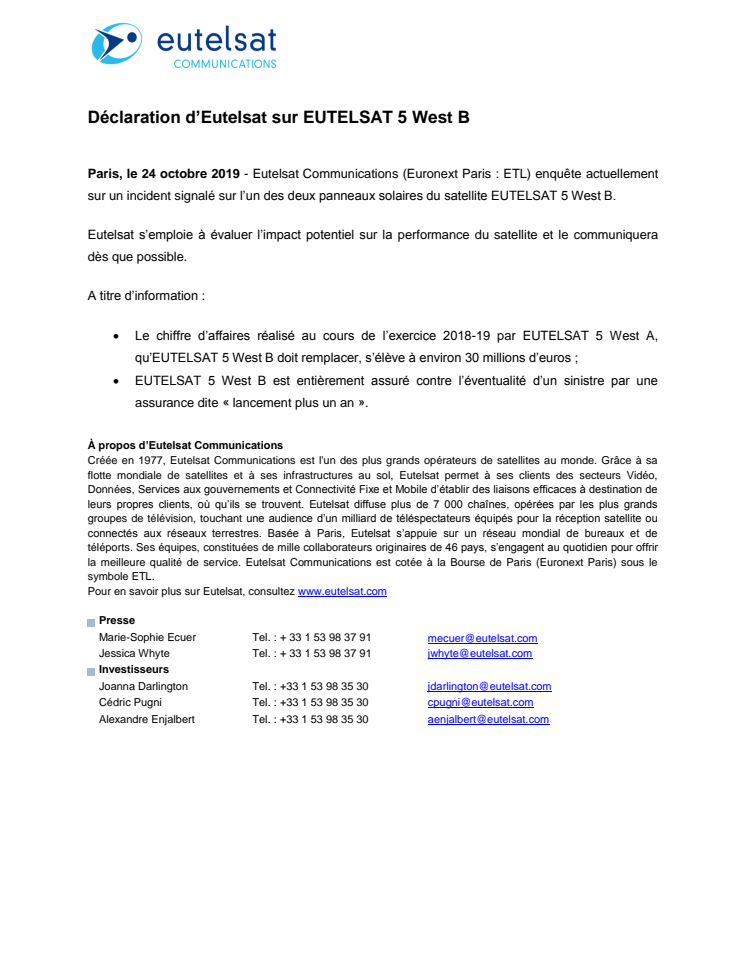 Déclaration d’Eutelsat sur EUTELSAT 5 West B  