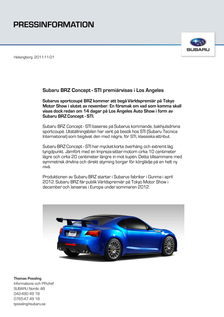Subaru BRZ Concept - STI premiärvisas i Los Angeles
