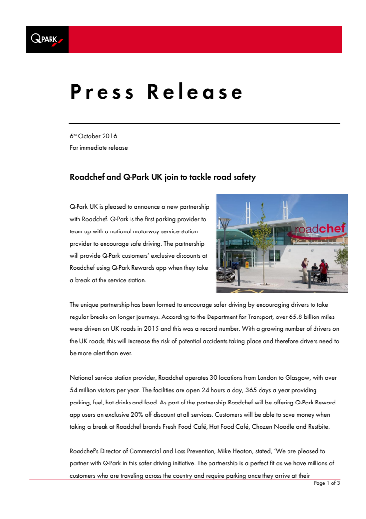 Roadchef and Q-Park UK join to tackle road safety 