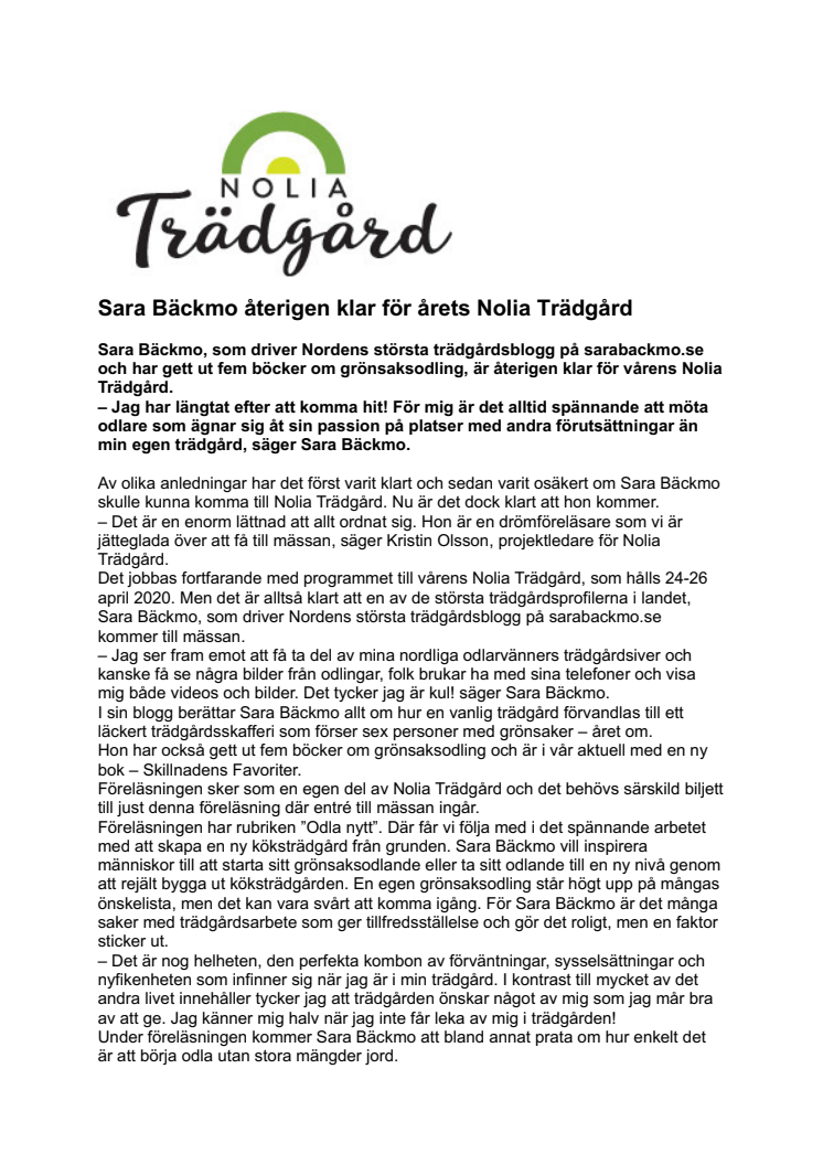 Sara Bäckmo återigen klar för årets Nolia Trädgård