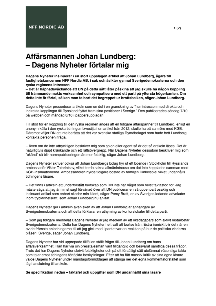 Affärsmannen Johan Lundberg: – Dagens Nyheter förtalar mig