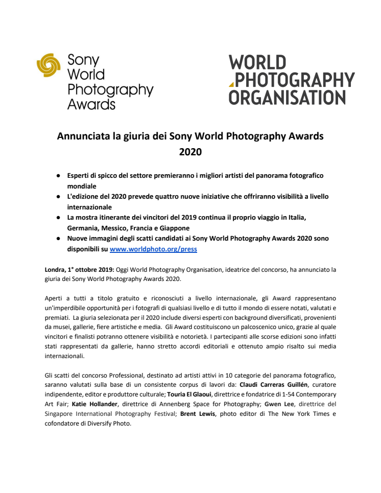Annunciata la giuria dei Sony World Photography Awards 2020
