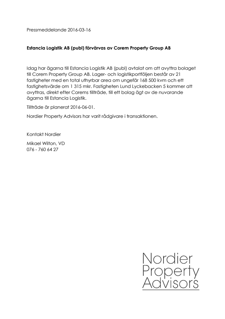 Corem Property Group förvärvar Estancia Logistik