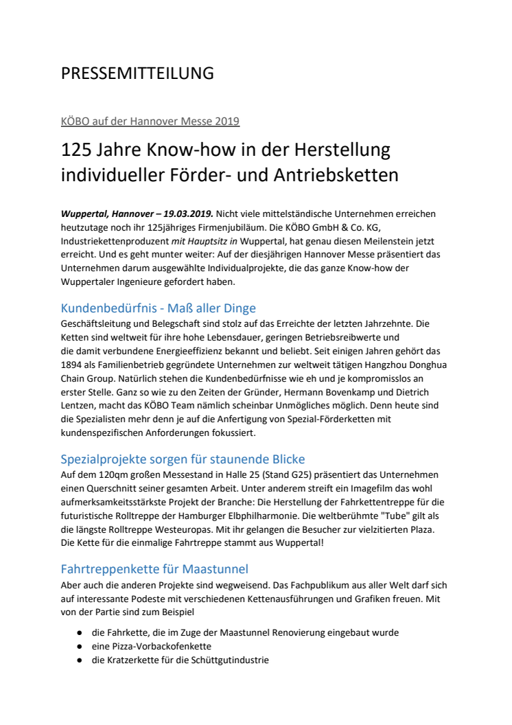 KÖBO auf der Hannover Messe 2019 : 125 Jahre Know-how in der Herstellung individueller Förder- und Antriebsketten