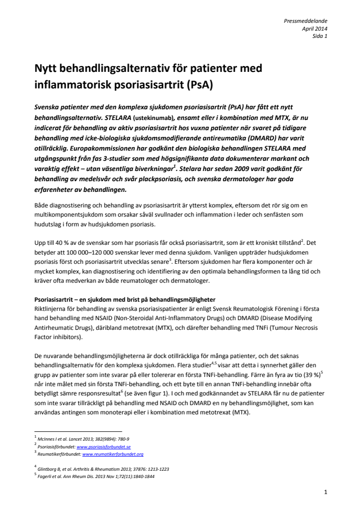 Nytt behandlingsalternativ för patienter med inflammatorisk psoriasisartrit (PsA) 