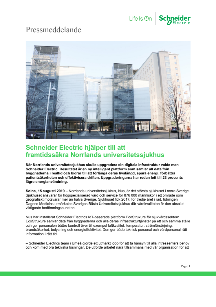 Schneider Electric hjälper till att framtidssäkra Norrlands universitetssjukhus