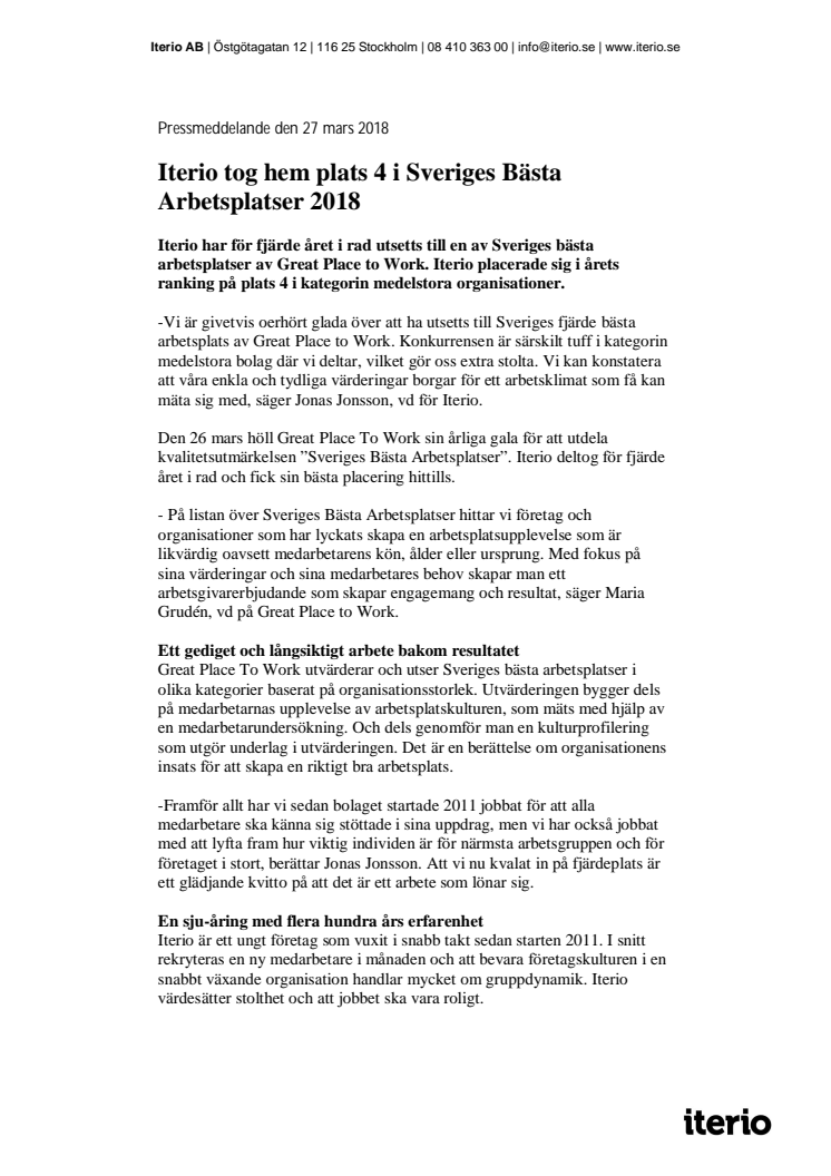 Iterio tog hem plats 4 i Sveriges Bästa Arbetsplatser 2018