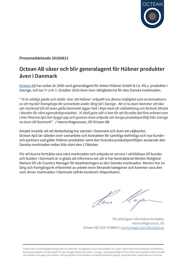 Octean AB växer och blir generalagent för Hübner produkter även i Danmark