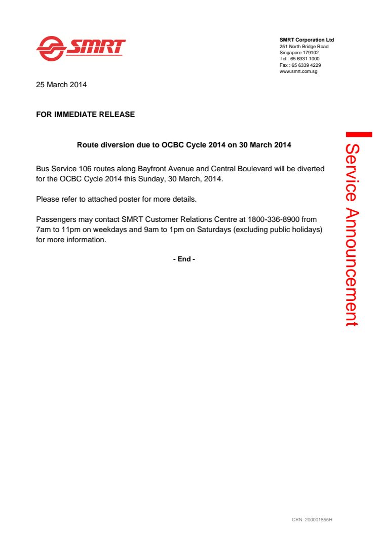 Route diversion due to OCBC Cycle 2014 on 30 March 2014