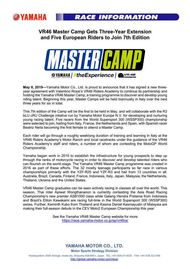 VR46 Master Camp Gets Three-Year Extension and Five European Riders to Join 7th Edition