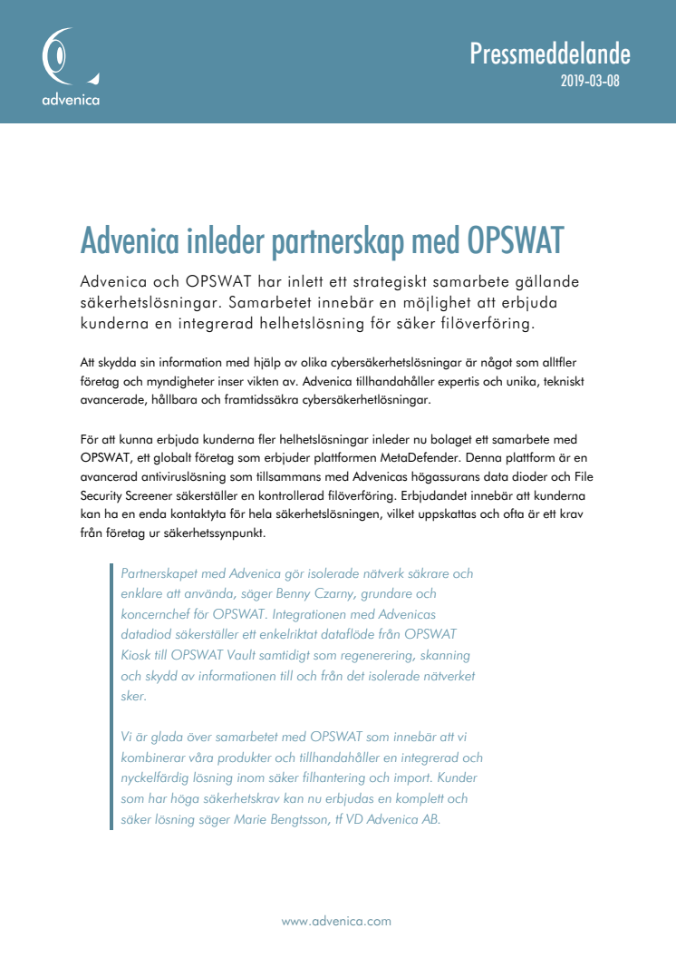 Advenica inleder partnerskap med OPSWAT