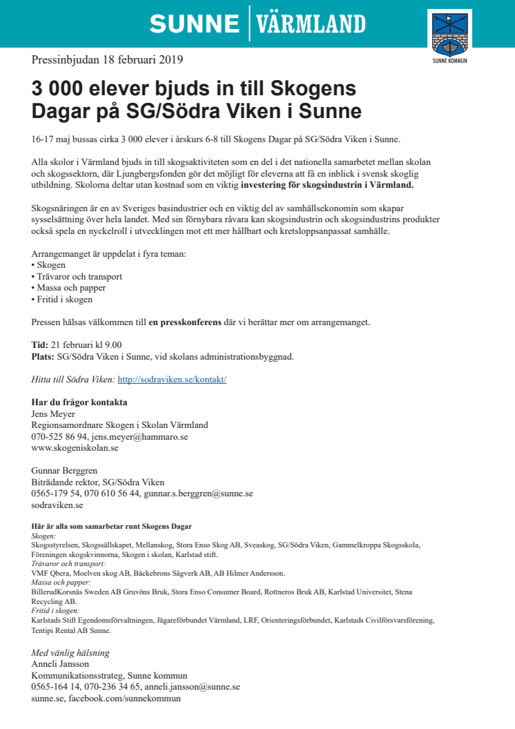 3 000 elever bjuds in till Skogens  Dagar på SG/Södra Viken i Sunne