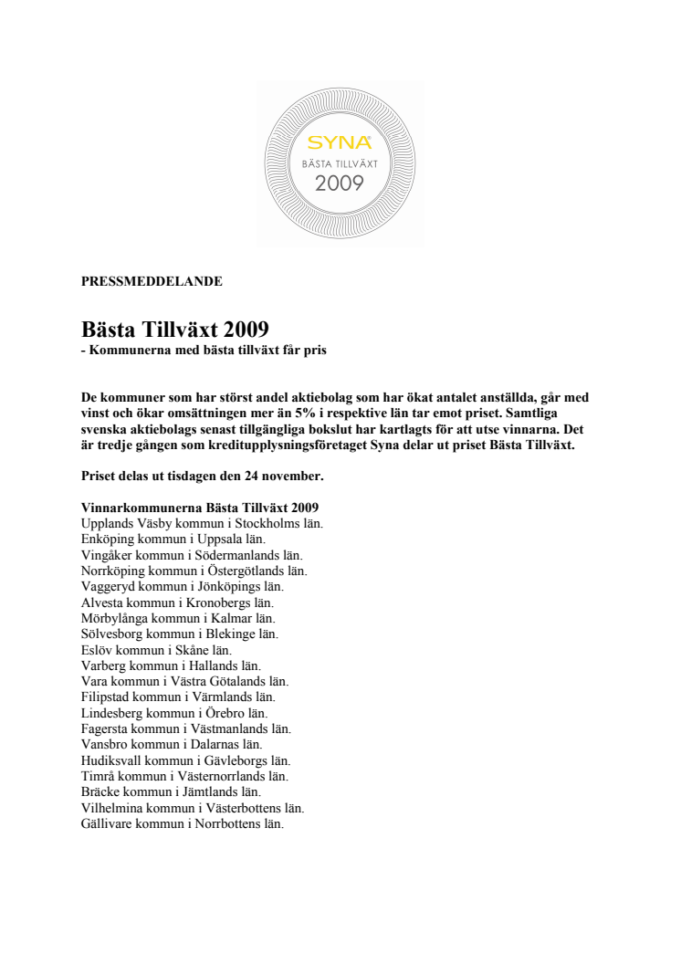 Kommunerna med Bästa Tillväxt 2009
