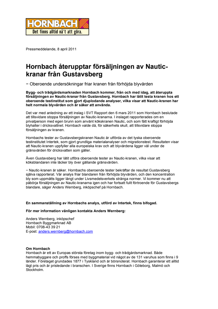 Hornbach återupptar försäljningen av Nautic-kranar från Gustavsberg