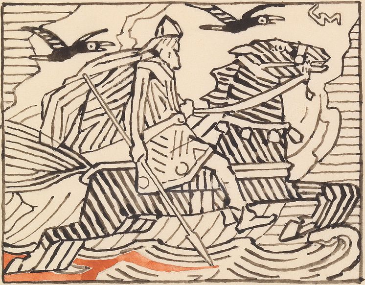 Makt og magi. Odin, forarbeid  til vignetten til ”Harald Hårfagres saga” i Snorre Sturlason, Kongesagaer, 1899, Kristiania.