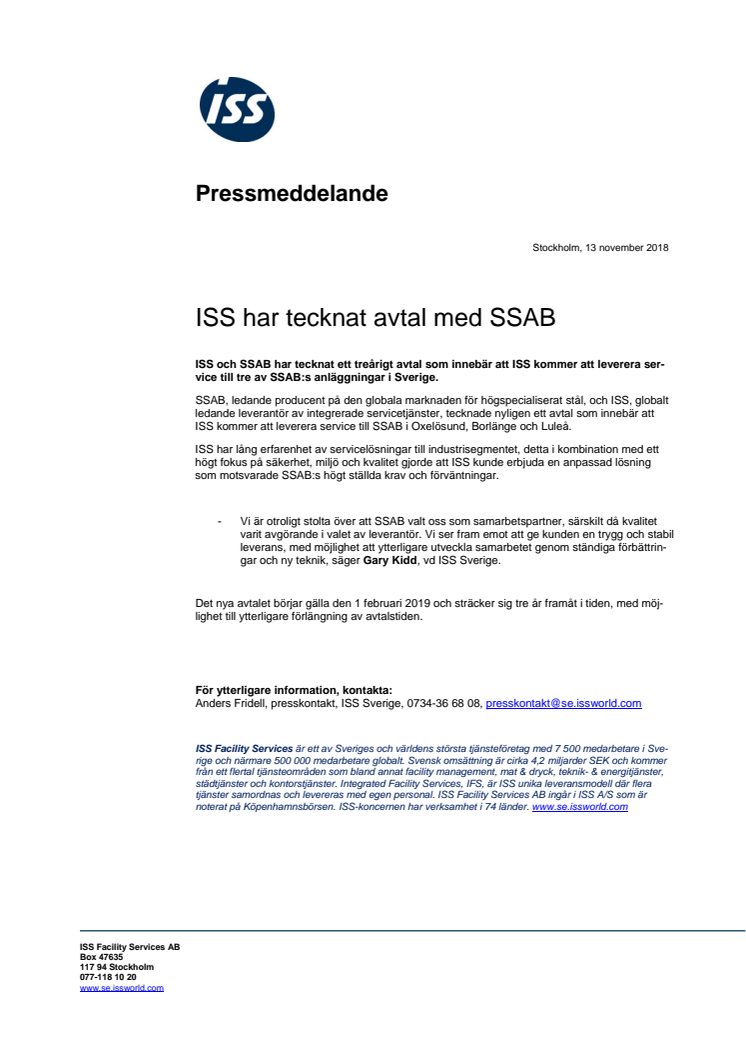 ISS har tecknat avtal med SSAB