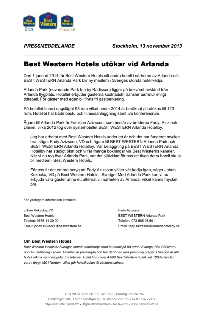 Best Western Hotels utökar vid Arlanda