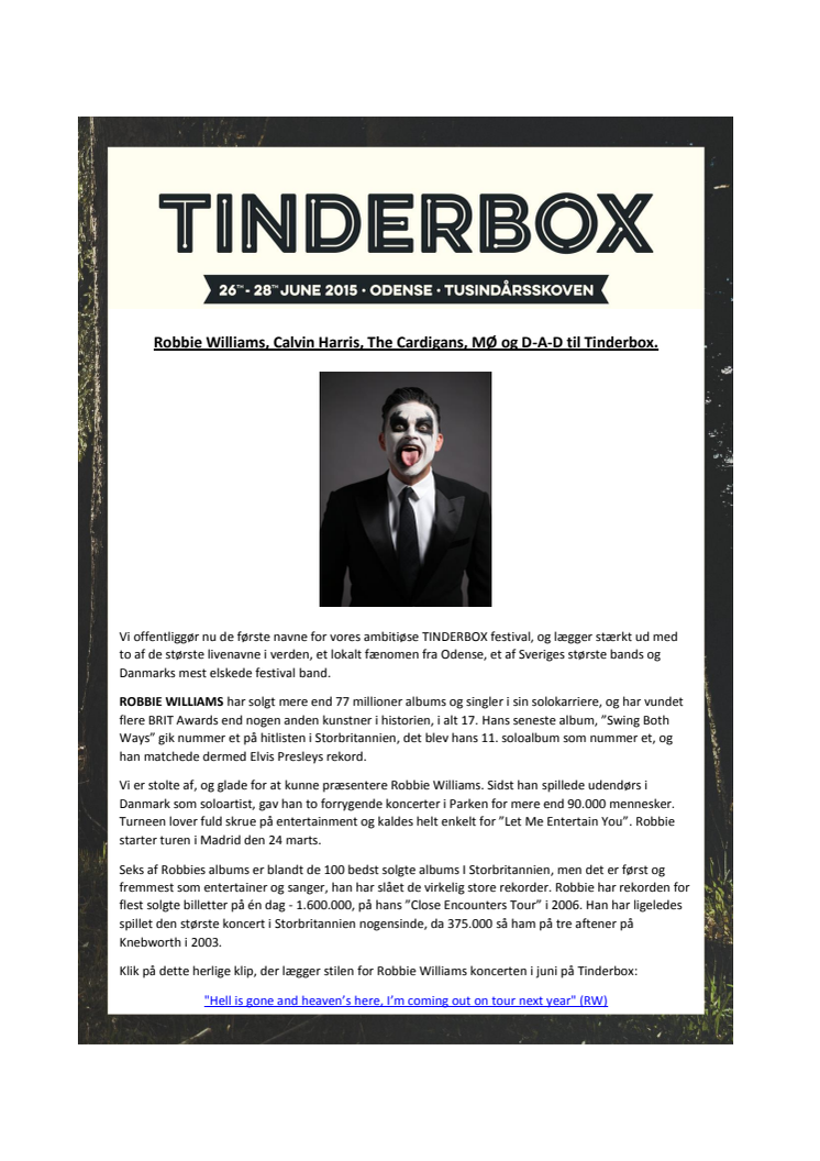 Robbie Williams, Calvin Harris, The Cardigans, MØ og D-A-D til Tinderbox