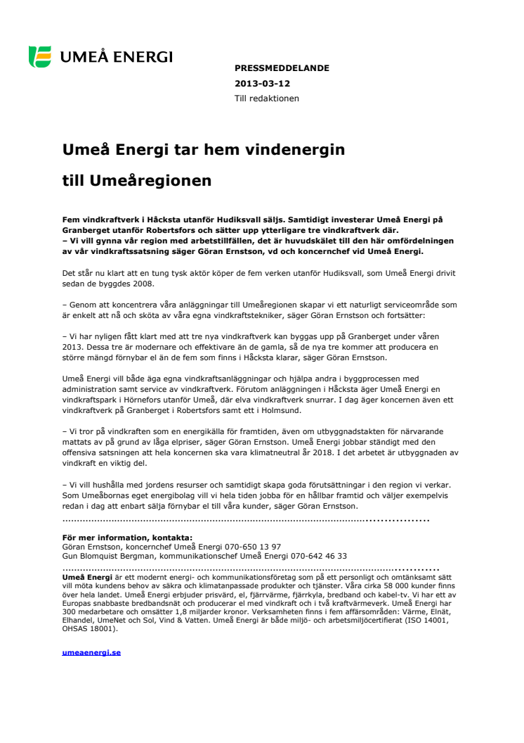 Umeå Energi tar hem vindenergin  till Umeåregionen