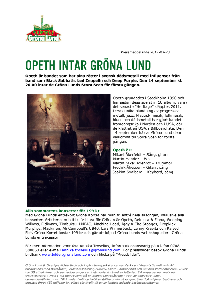Opeth intar Gröna Lund