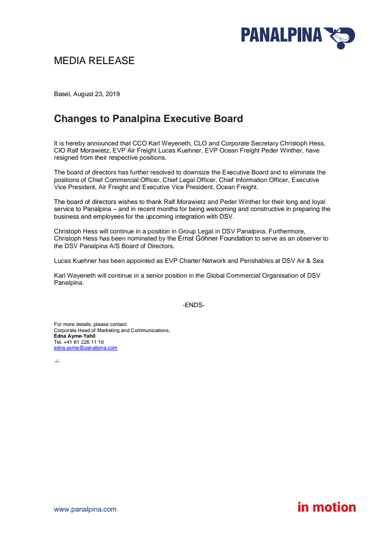 Changes to Panalpina Executive Board