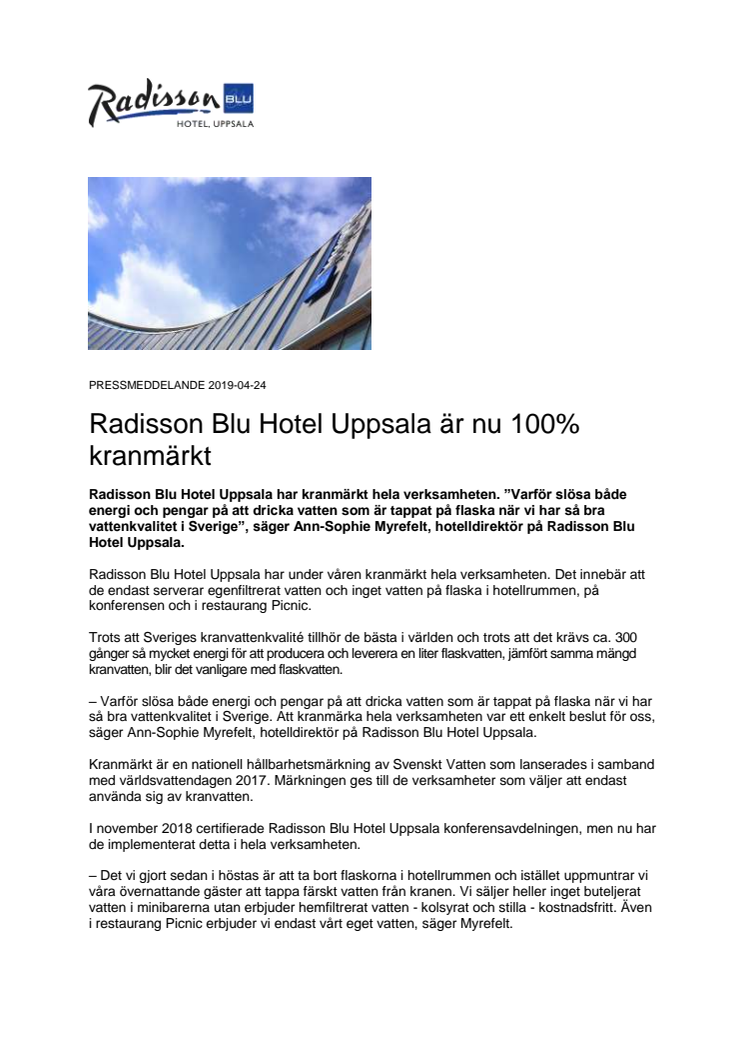 Radisson Blu Hotel Uppsala är nu 100% kranmärkt