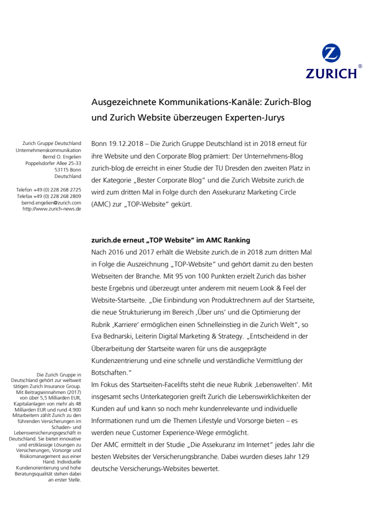 Ausgezeichnete Kommunikations-Kanäle: Zurich-Blog und Zurich Website überzeugen Experten-Jurys 