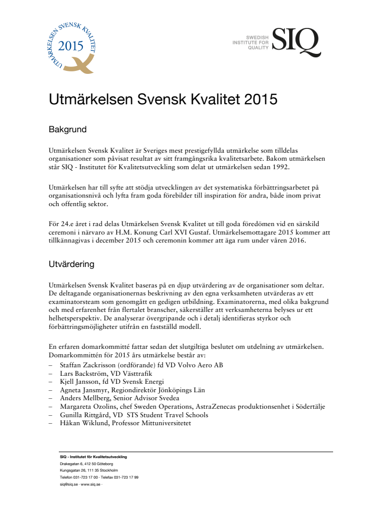 Utmärkelsen Svensk Kvalitet