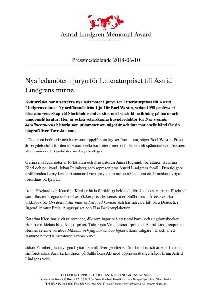 Nya ledamöter i juryn för Litteraturpriset till Astrid Lindgrens minne