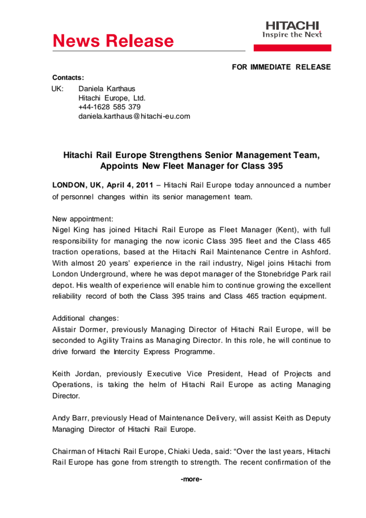 Hitachi Rail Europe Strengthens Senior Management Team, Appoints New Fleet Manager for Class 395