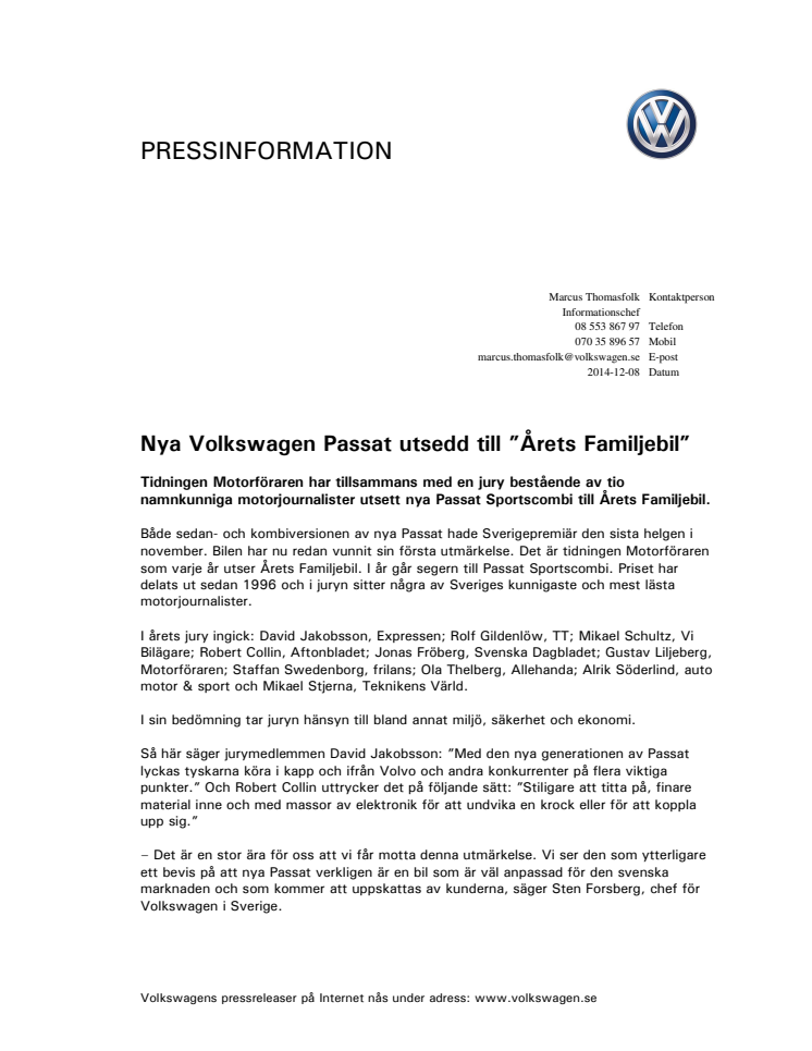 Nya Volkswagen Passat utsedd till ”Årets Familjebil”