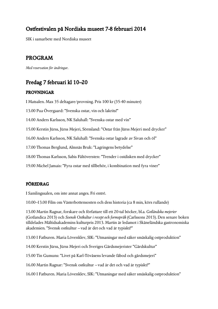 Program för Ostfestivalen på Nordiska museet