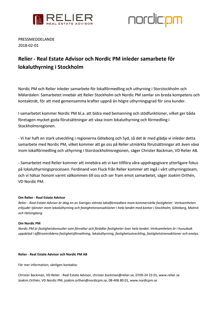 Relier - Real Estate Advisor och Nordic PM inleder samarbete för lokaluthyrning i Stockholm