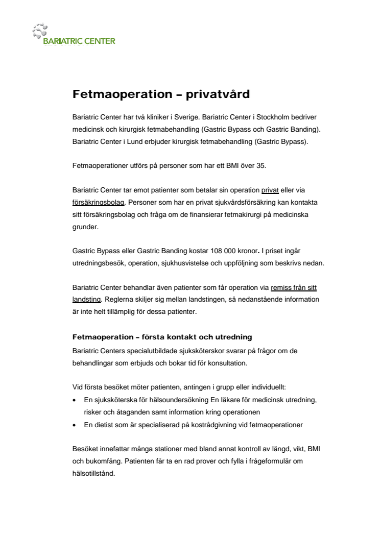 Fetmaoperation – privatvård