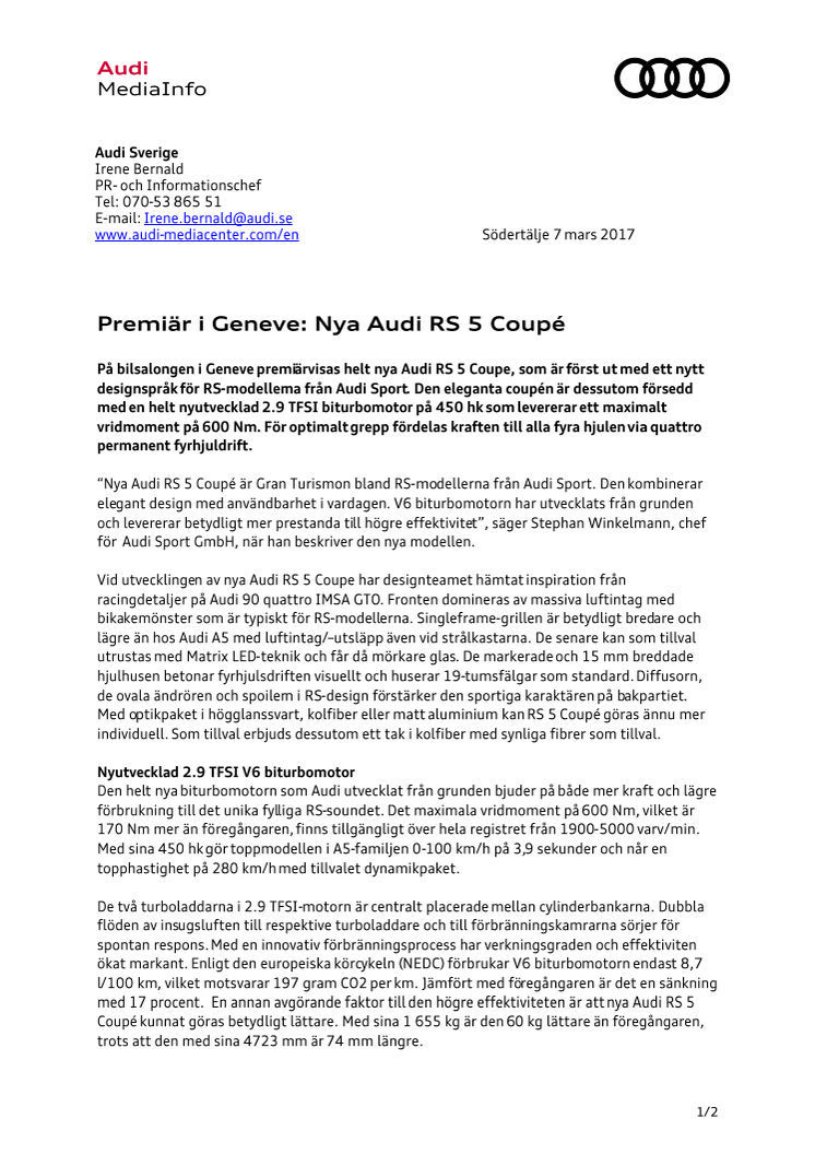 Premiär i Geneve: Nya Audi RS 5 Coupé